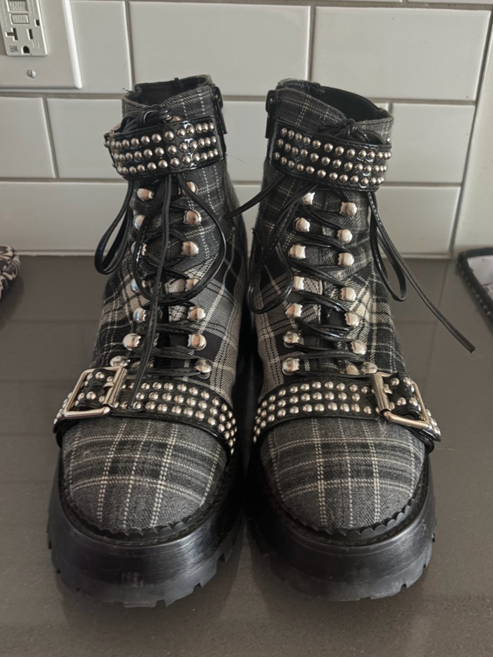Jeffrey Campbell Helter Black/Grey Plaid Combat Boots - Picture 2 of 14